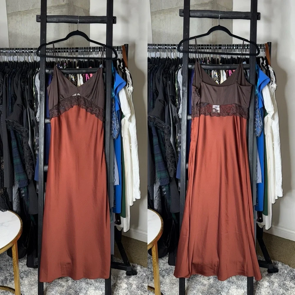 Abercrombie & Fitch Brown Satin Lace Panel Slip Dress Womens Medium New NWT - Picture 7 of 15